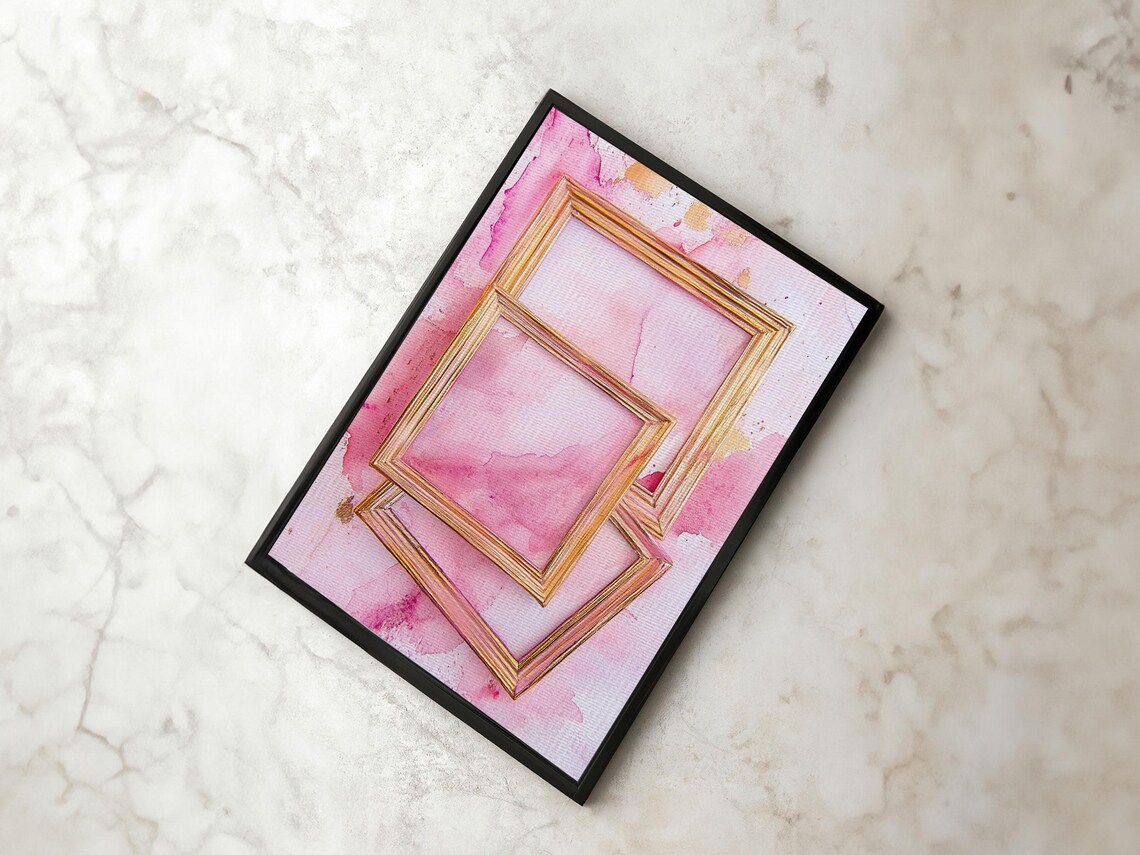 Golden Frames On Pink Watercolor Background Minimalist Wall Art Print - Image 3