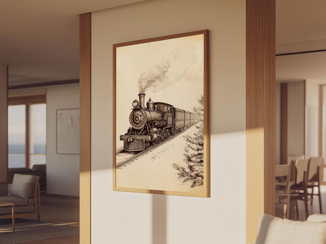 Vintage Steam Locomotive Sepia Sketch Railroad Train Enthusiast Poster