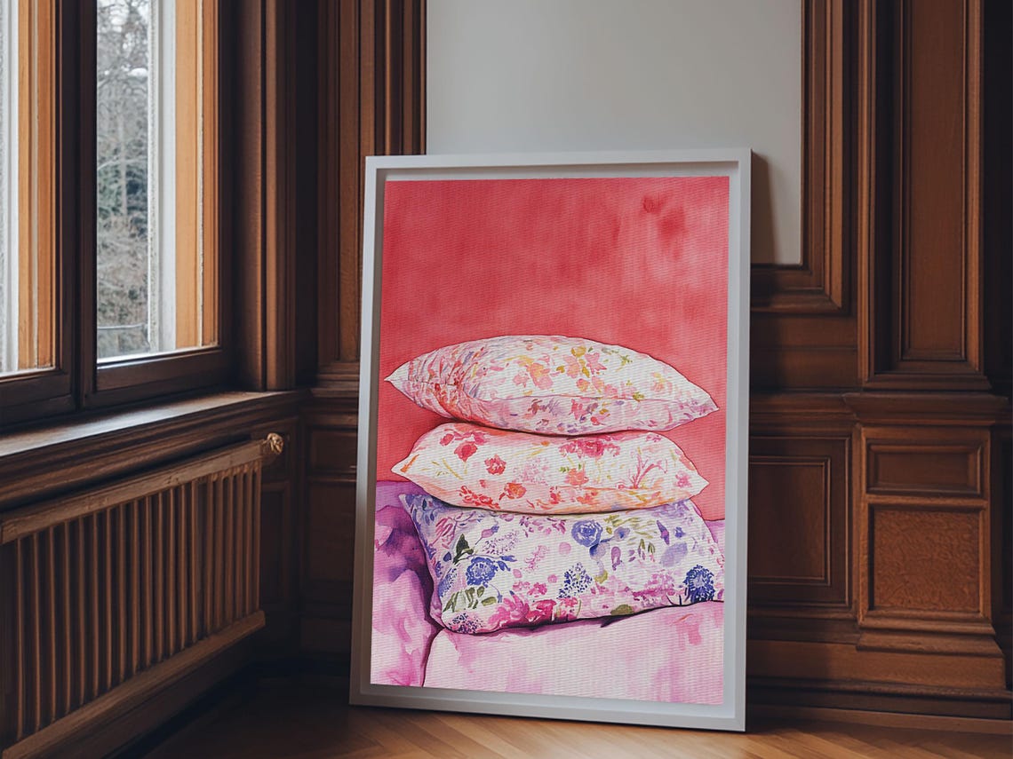 Floral Pillows Stack Watercolor Cozy Pink Bedroom Wall Art Poster - Image 3