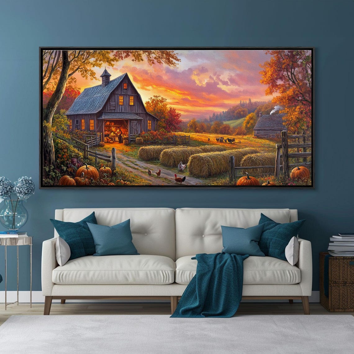 Rustic Barn Sunset Harvest Hay Bales Pumpkins Fall Landscape Art - Image 4
