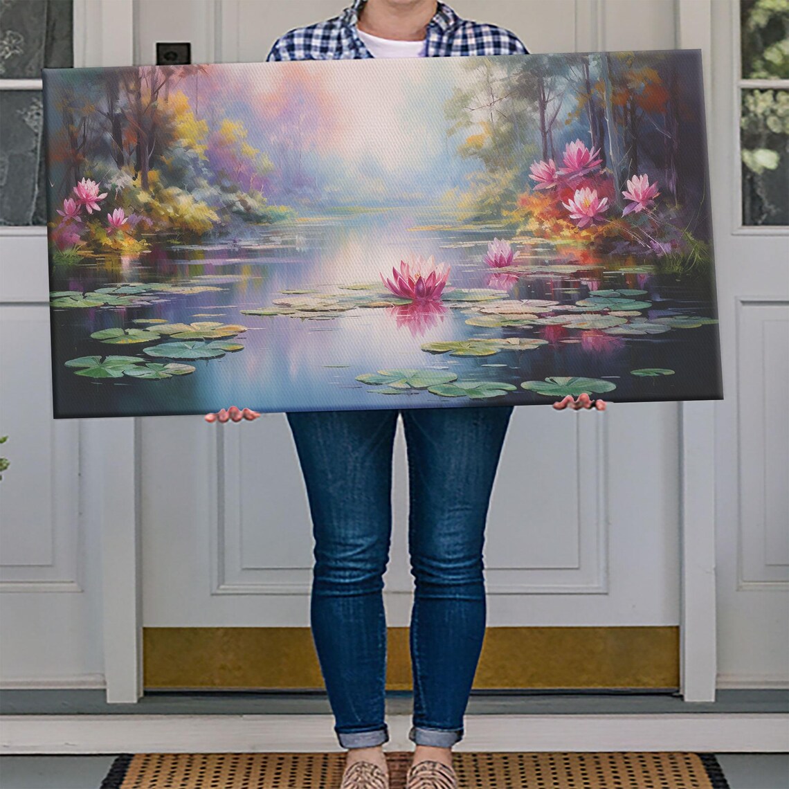 Water Lily Pond Pink Lotus Flowers Lily Pads Misty Garden Panoramic Wall Art Print - Image 4