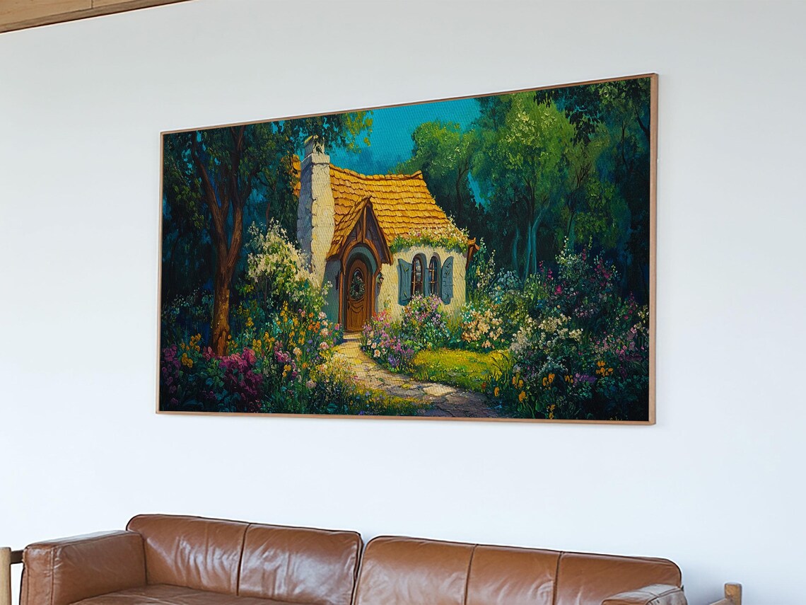 Whimsical Garden Cottage Flower Path Stone House Night Panoramic Wall Art - Image 5