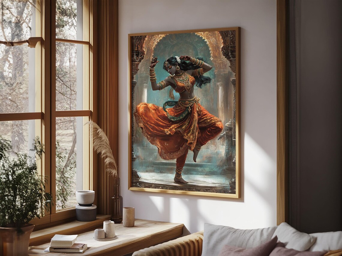 Indian Woman Dancing Orange Sari Temple Traditional Bollywood Art Poster - Image 4