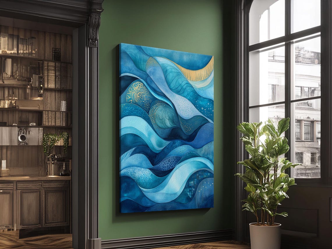 Flowing Blue Waves Layered Watercolor Coastal Abstract Ocean Wall Art - Image 2
