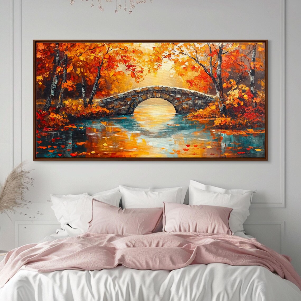 Autumn Stone Bridge River Golden Foliage Vibrant Oil Painting Print - Image 2