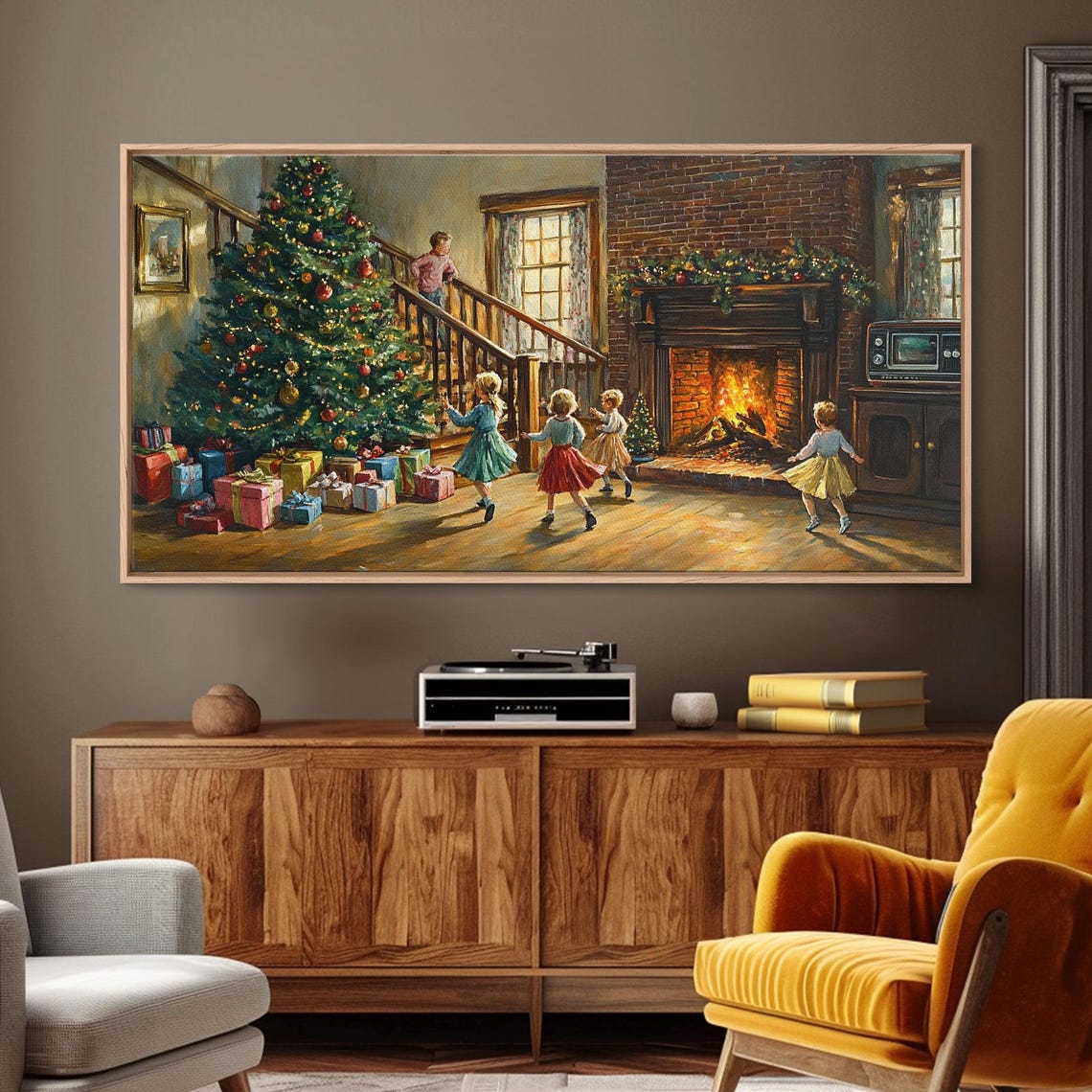 Children Dancing Christmas Tree Fireplace Gifts Vintage Wall Art - Image 3