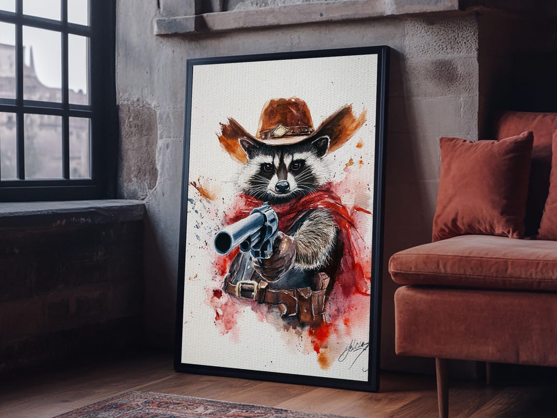 Cowboy Raccoon With Revolver Watercolor Wild West Animal Poster - Image 2