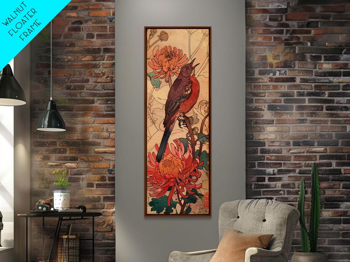Singing Songbird Among Coral Chrysanthemums Ukiyo E Style Art Poster - Image 4