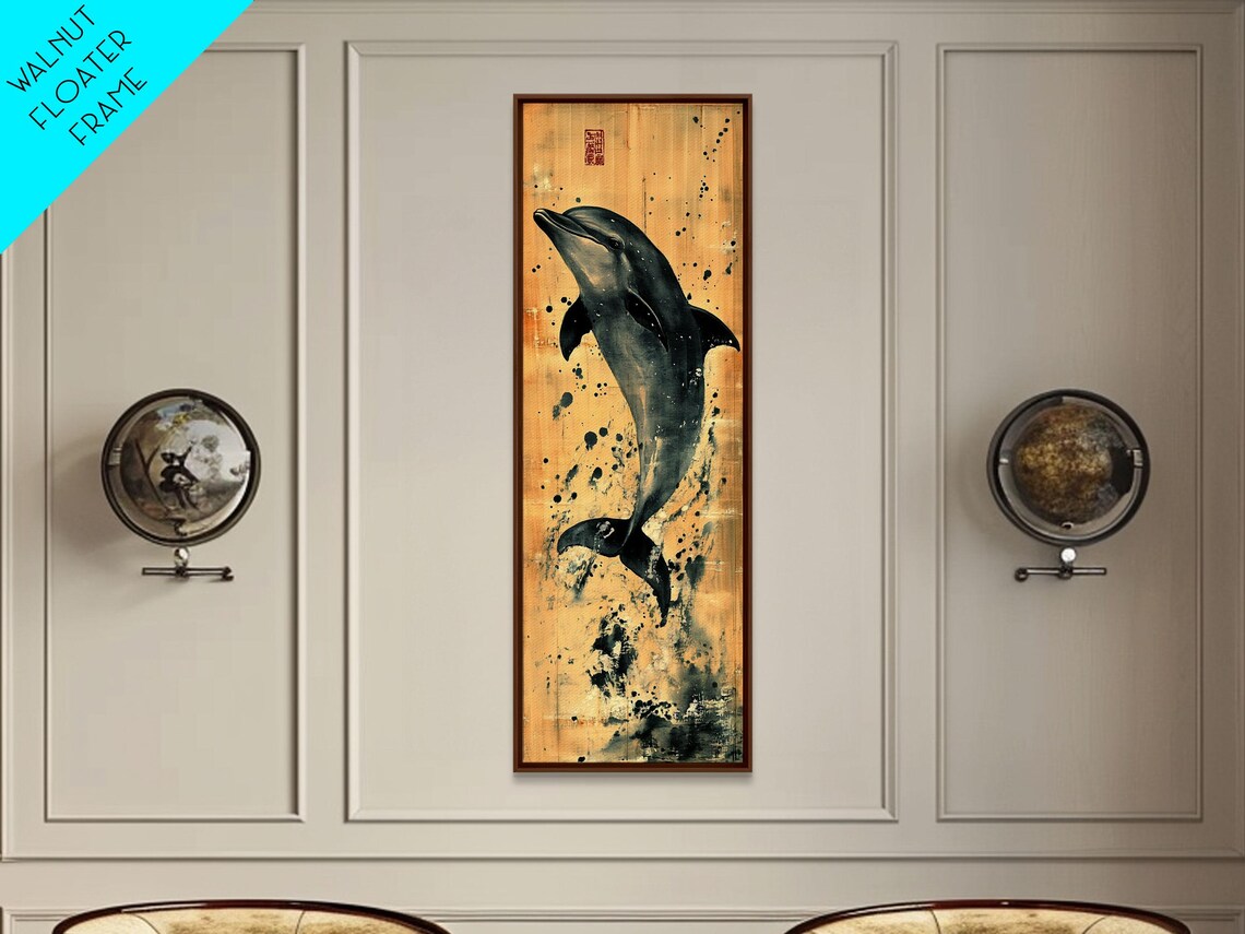 Leaping Dolphin Ink Wash Gold Splash Japanese Style Marine Art Poster
