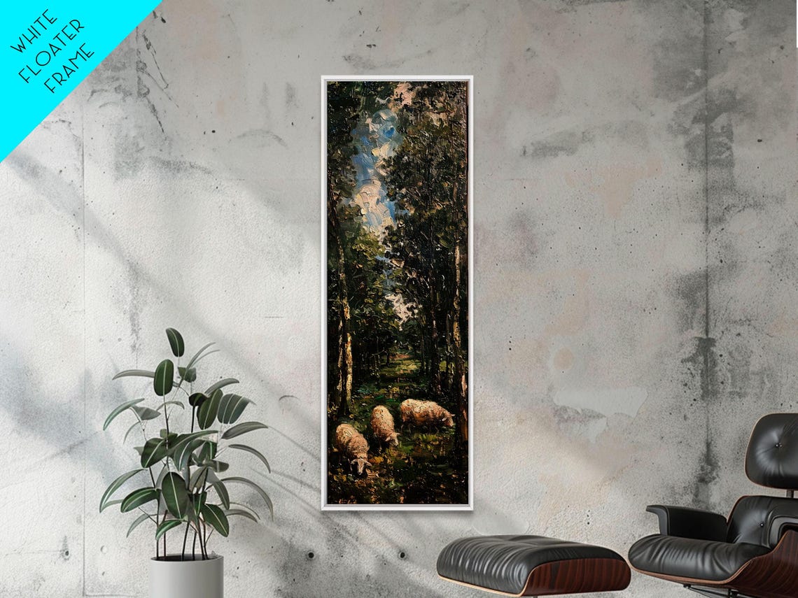 Lambs Grazing In Dark Forest Impasto Oil Painting Sheep Meadow Print - Image 4