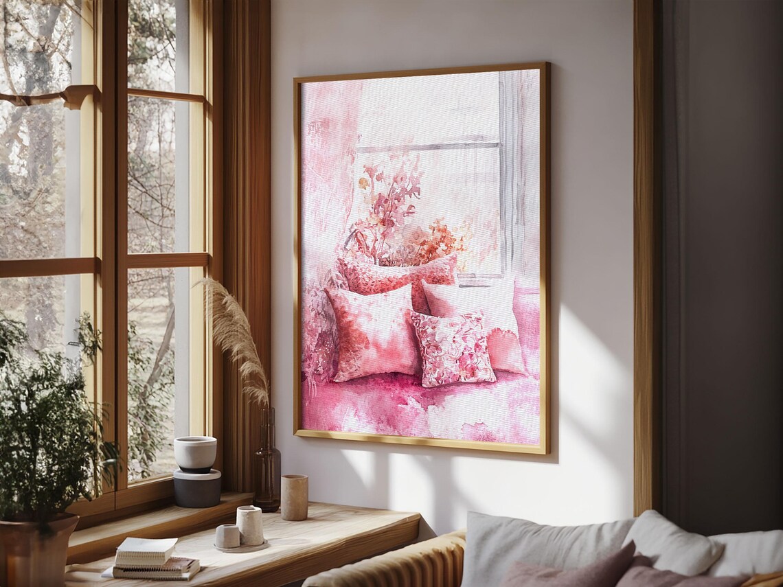 Cozy Pink Window Seat With Floral Pillows Watercolor Wall Art Print - Image 4