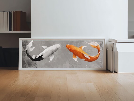 Koi Fish Painting Print Panoramic Wabi Sabi Wall Art Horizontal Art 24x72 Art Oversized Wide Wall Art Koi Fish Wall Art