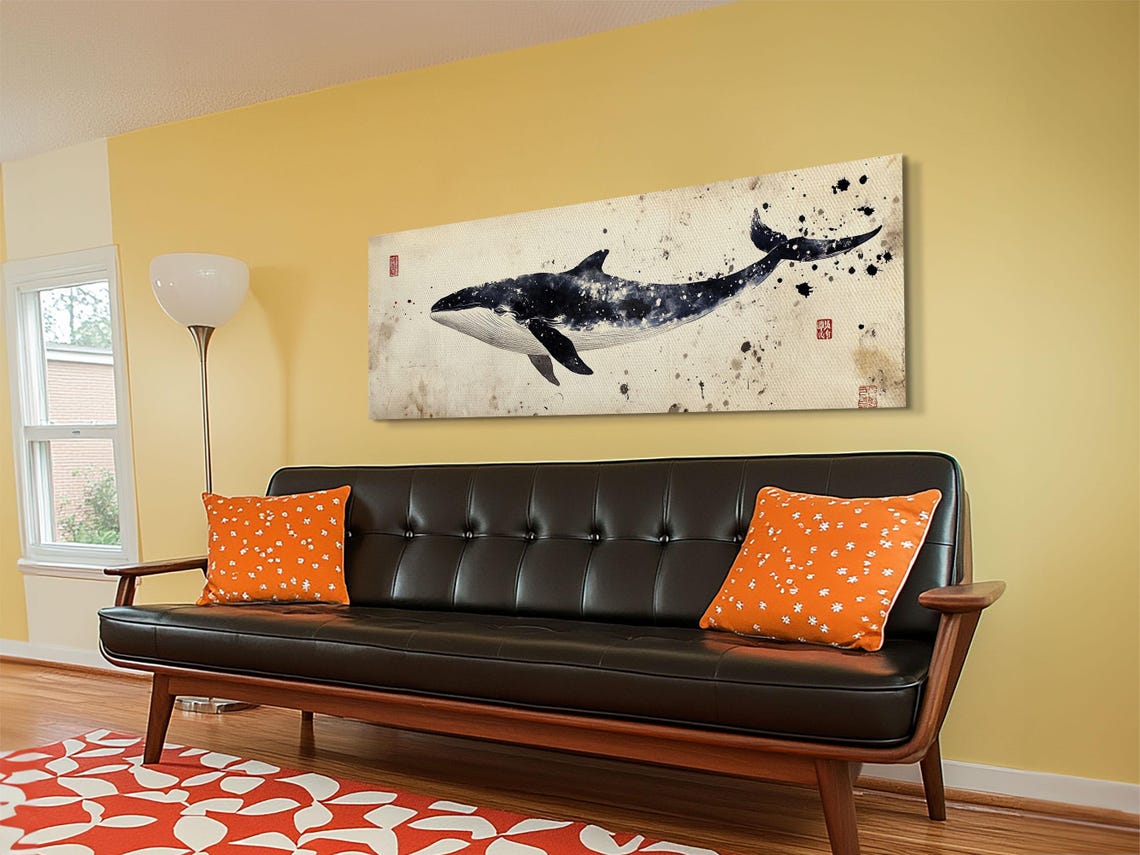 Japanese Ink Whale Watercolor Panoramic Minimalist Ocean Wall Poster