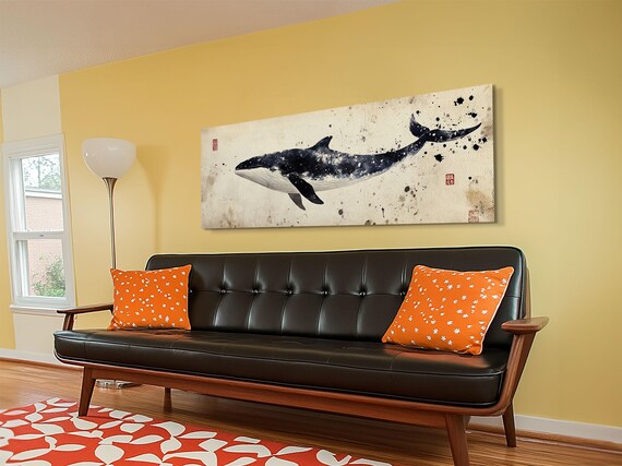 Whale Art Wabi Sabi Panoramic Oil Painting Print Japanese Style Wall Art Whale Decor Whale Art Print Living Room Decor Minimalist