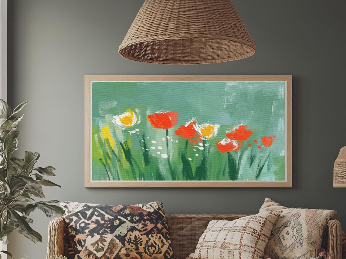 Green Abstract Tulip Oil Painting Print Vintage Flower Art Countryside Wall Decor Rustic Farmhouse Wall Art Flower Painting