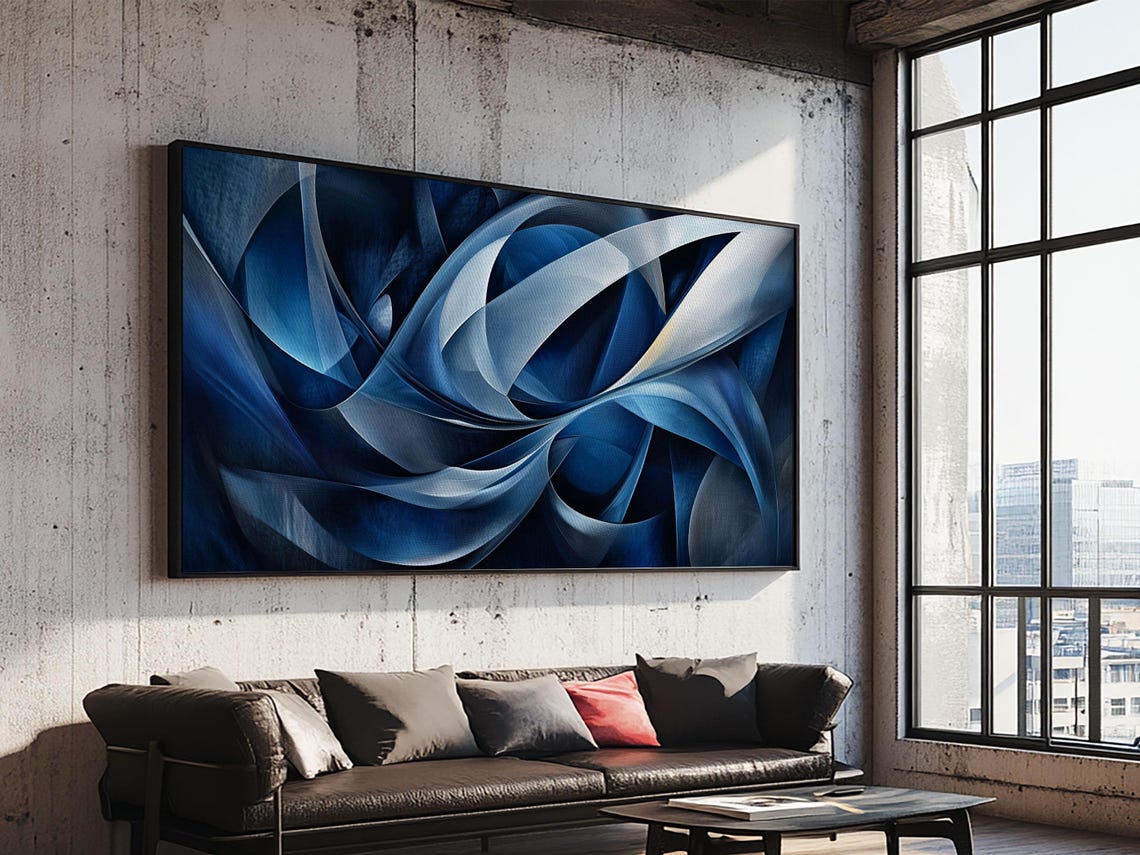 Abstract Blue Swirls Print Geometric Wall Art Horizontal Decor Moody Modern Artwork Gift Idea Living Room Panoramic Art