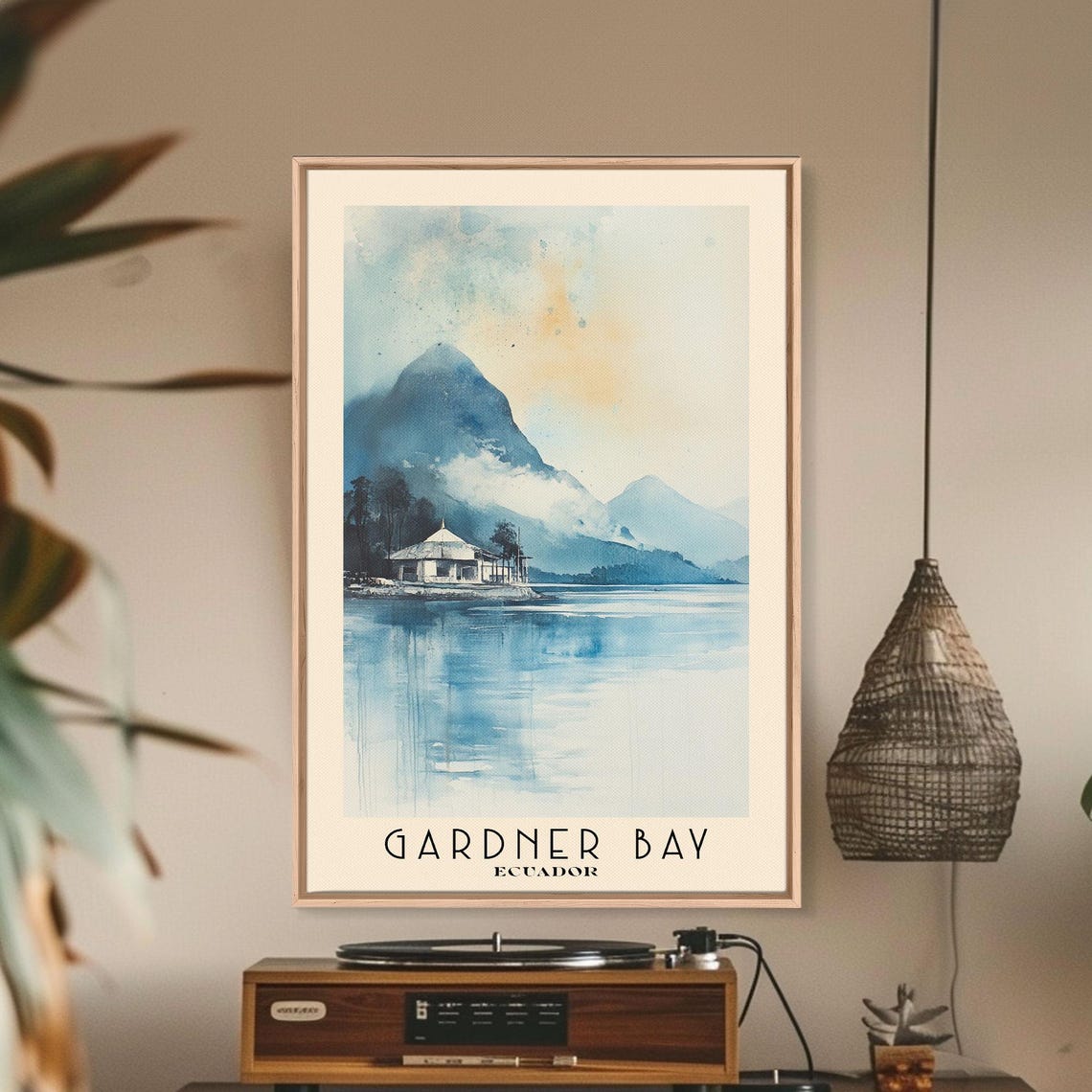 Gardner Bay Ecuador Misty Blue Bay Volcano Peak Watercolor Poster