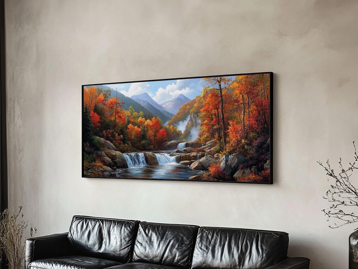 Waterfall In The Forest Landscape Oil Painting Print - Image 5