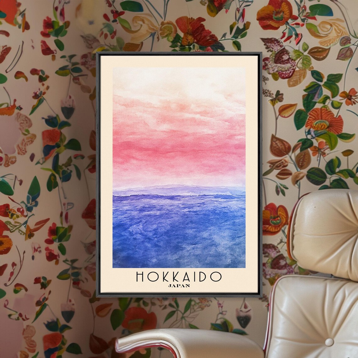Hokkaido Japan Pink Sunrise Ocean Abstract Seascape Watercolor Art Poster - Image 2