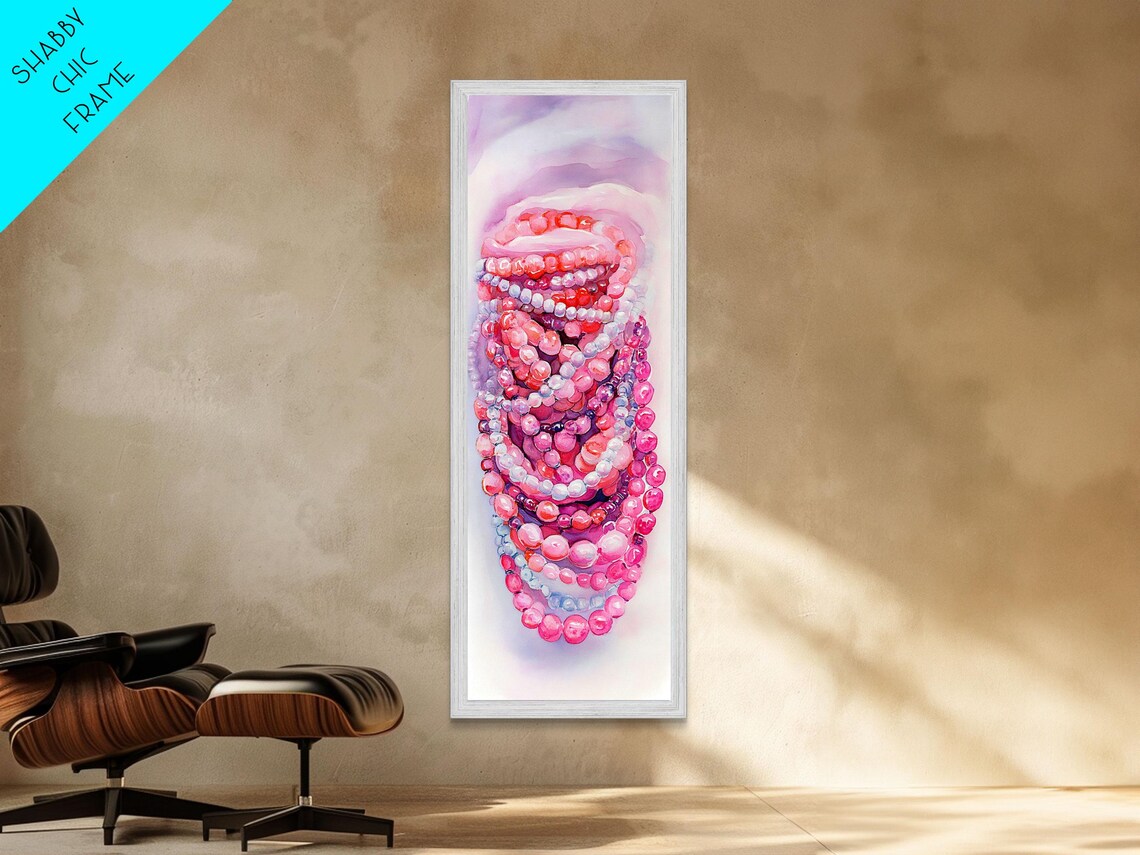 Pink Pearl Beads Watercolor Jewelry Necklace Still Life Wall Art - Image 3