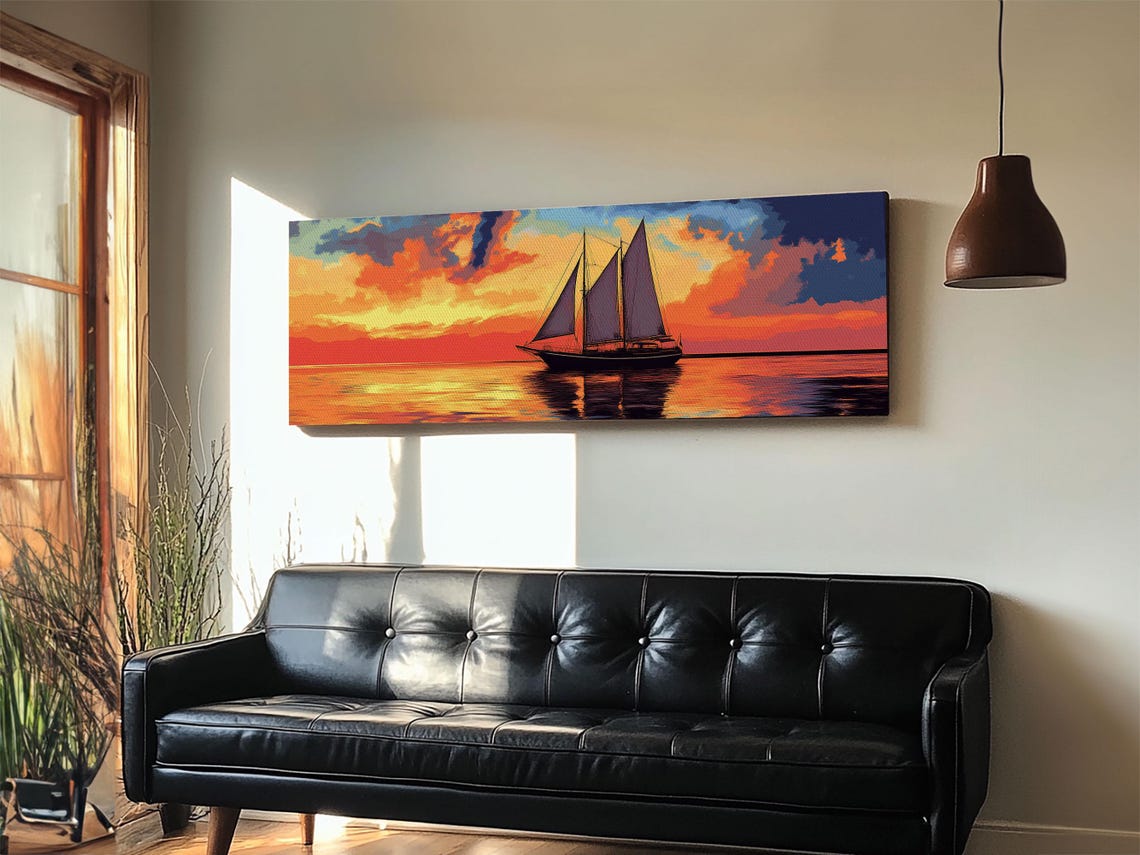 Tall Sail Ship Sunset Orange Sky Ocean Panoramic Nautical Poster - Image 6