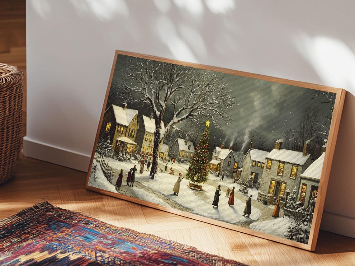 Bustling Christmas Street Scene Oil Painting Print Holiday Night Festive Victorian Christmas Village Oil Painting Christmas Decor - Image 5