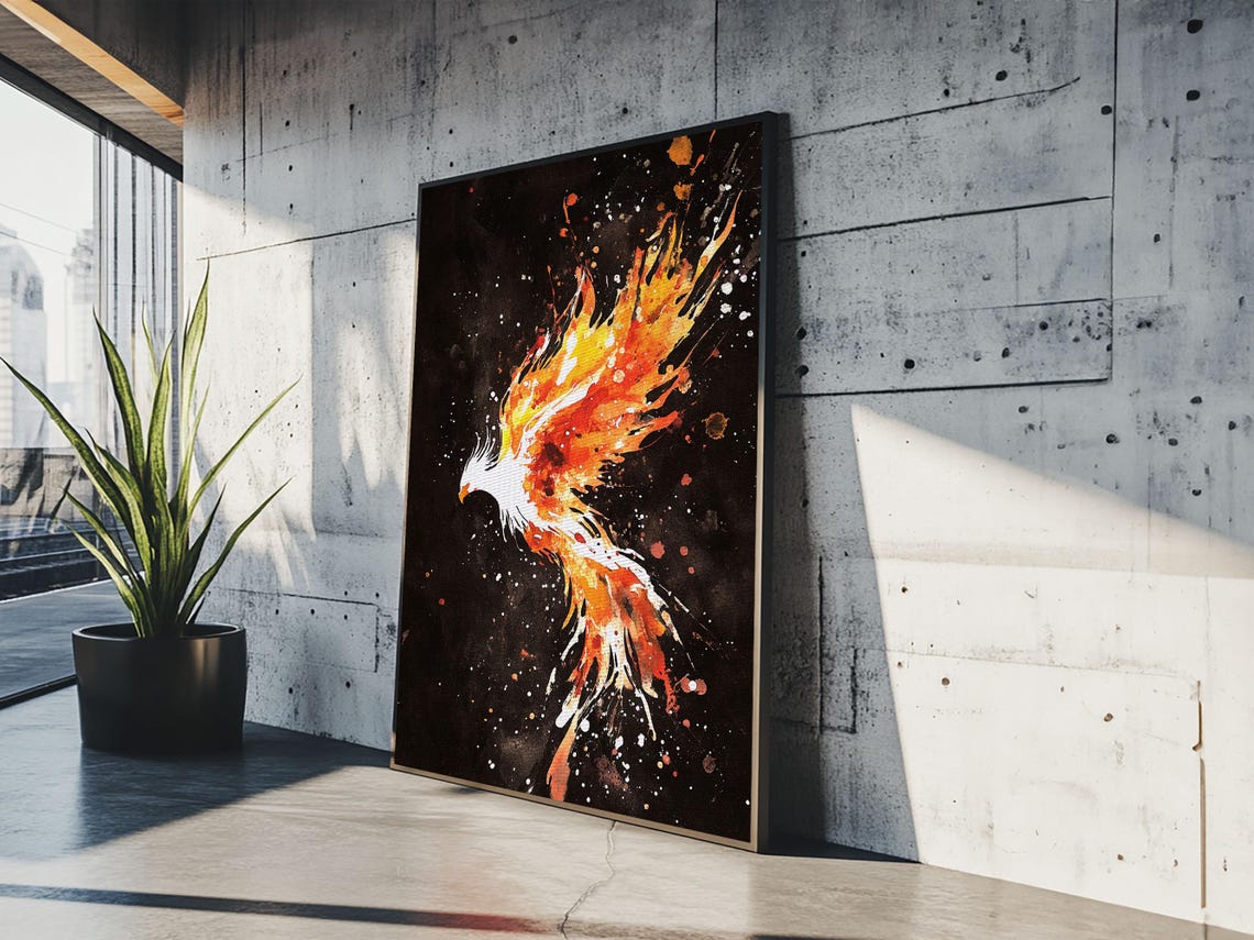 Fiery Phoenix Rising From Flames Watercolor Mythical Bird Poster - Image 2