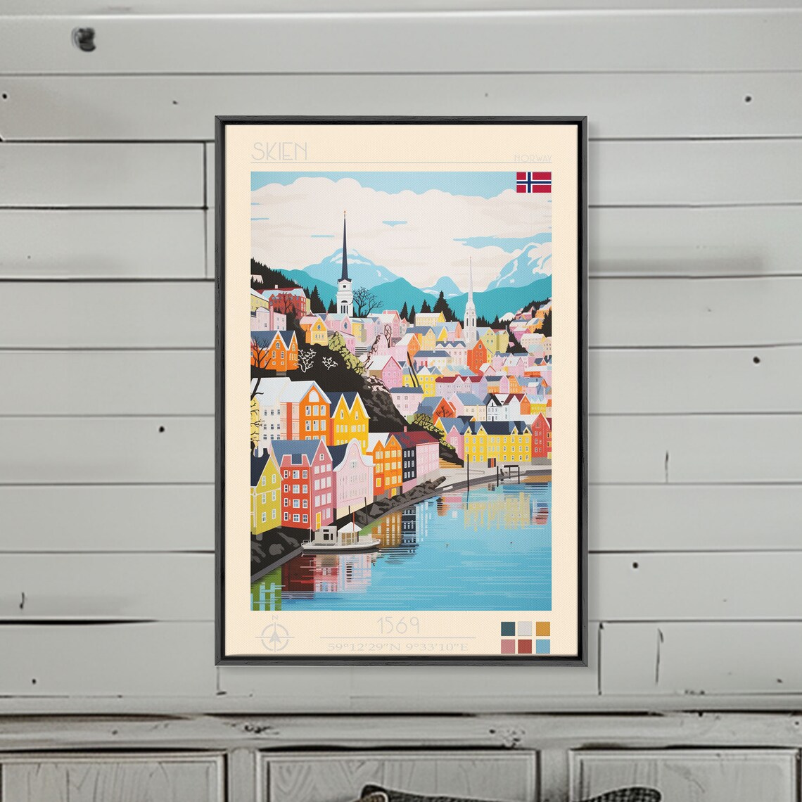 Skien Norway Harbor Colorful Houses Church Spires View Travel Poster - Image 2