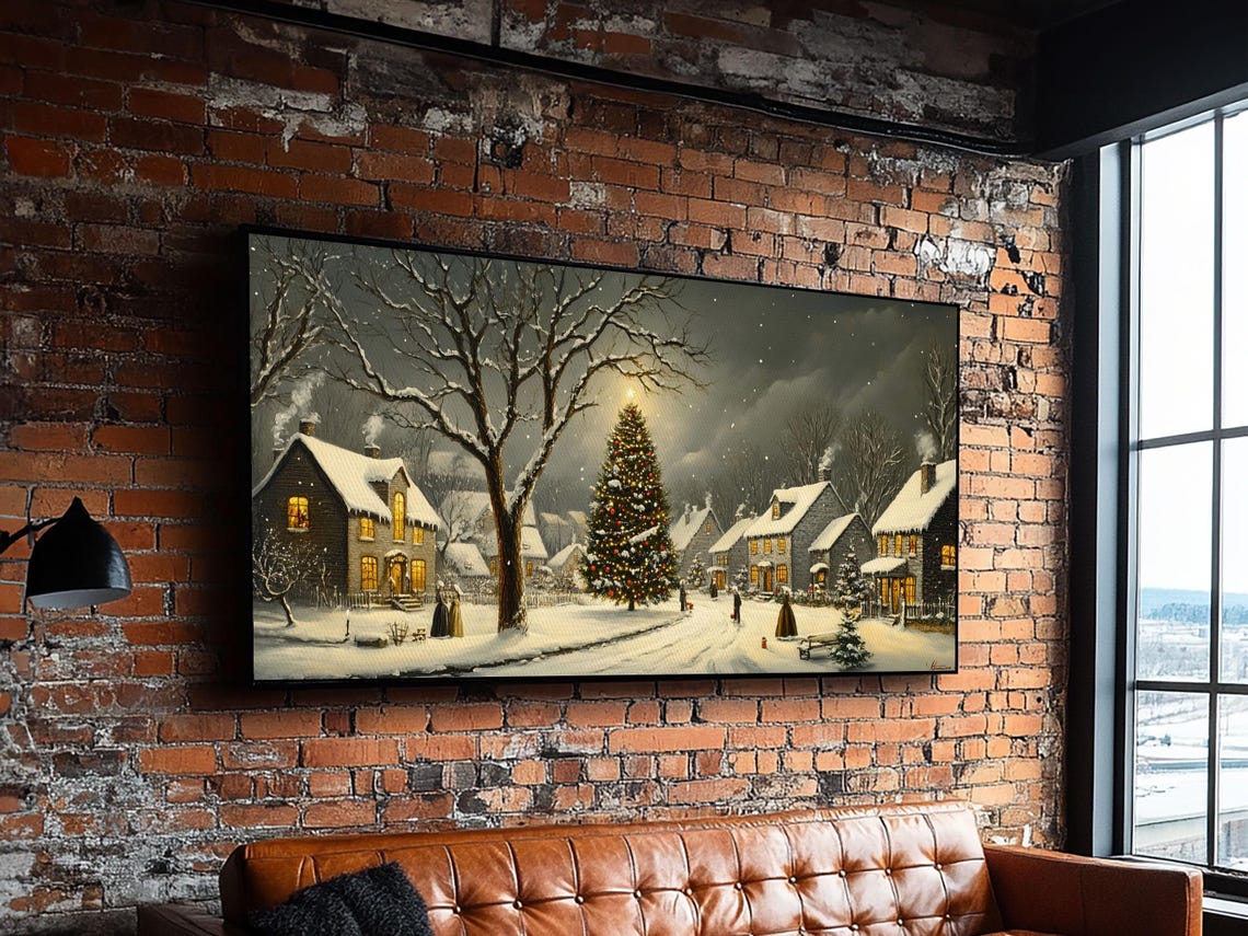 Snowy Christmas Village Night Lit Tree Falling Snow Painting Print - Image 5
