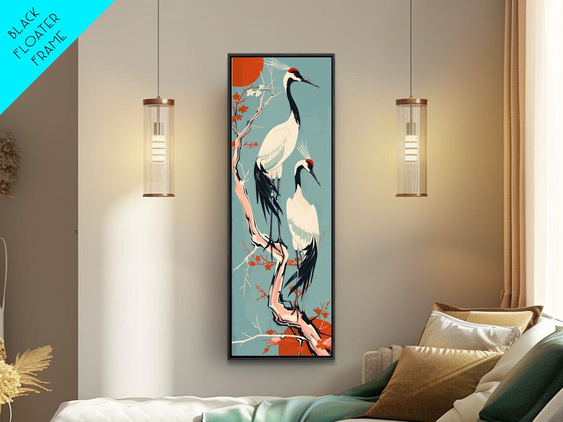 Pair of Cranes Against Sun Background, Wildlife Art Print