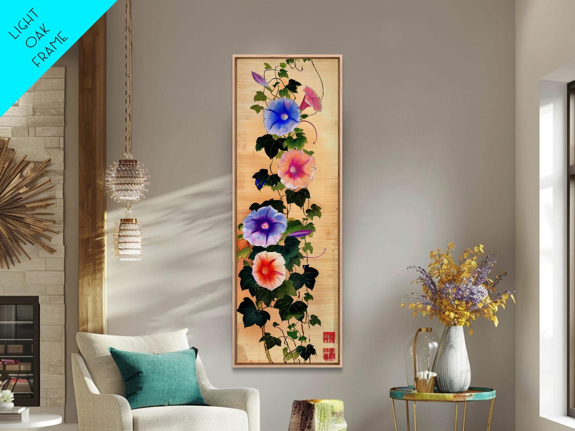 Colorful Morning Glory Vines On Natural Bamboo Wood Ukiyo E Art Poster - Image 2