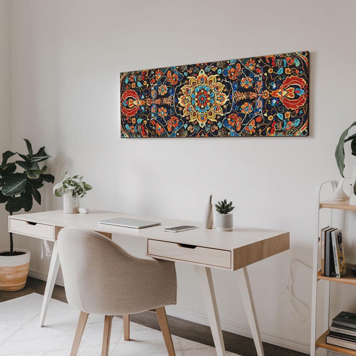 Navy Blue Floral Mandala Tapestry Pattern Panoramic Art Print - Image 2
