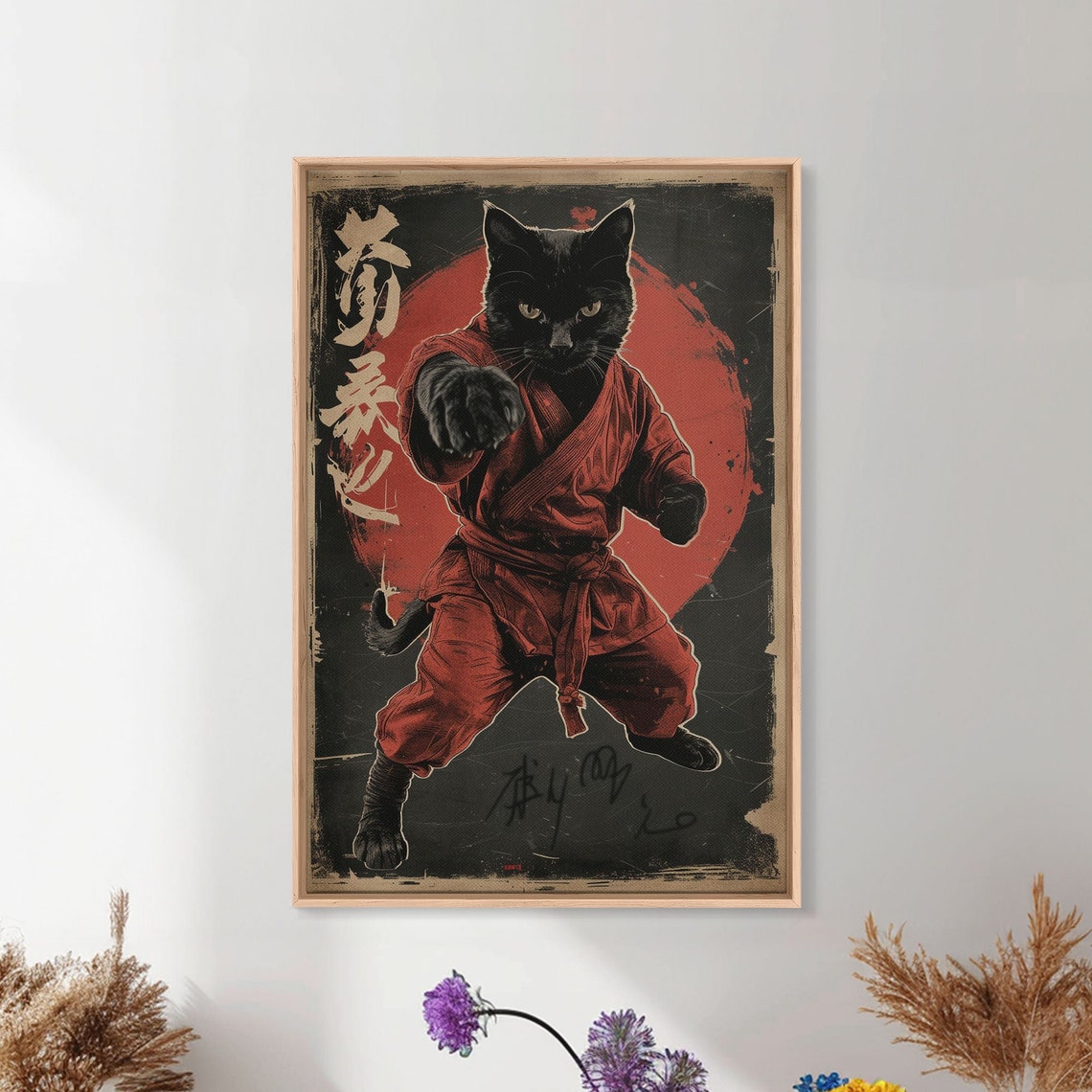 Black Cat Samurai Poster in Red Martial Arts Gi with Red Sun Art - Image 4