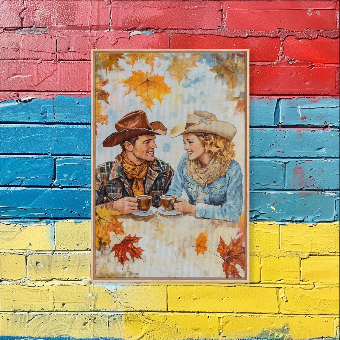 Western Couple Sharing Coffee Autumn Maple Leaves Smiling Art Poster - Image 4