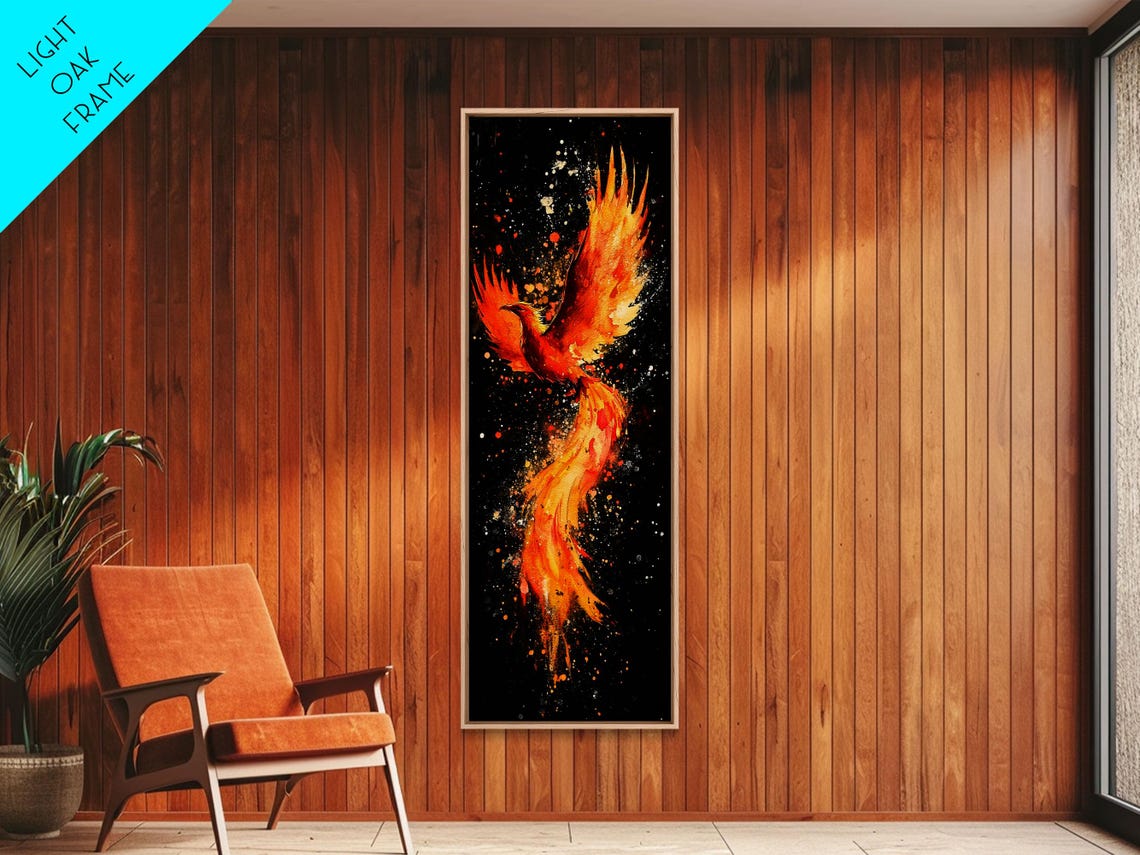 Fiery Phoenix Rising on Black Mythical Bird Watercolor Wall Art