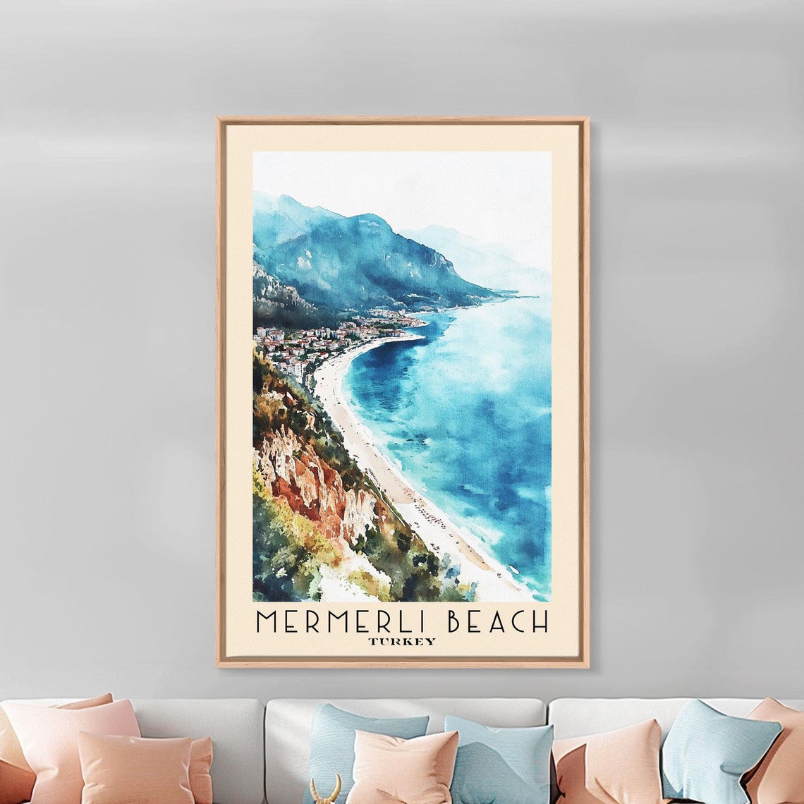 Mermerli Beach Turkey Curved Sandy Cove Seaside Town Watercolor Poster - Image 3