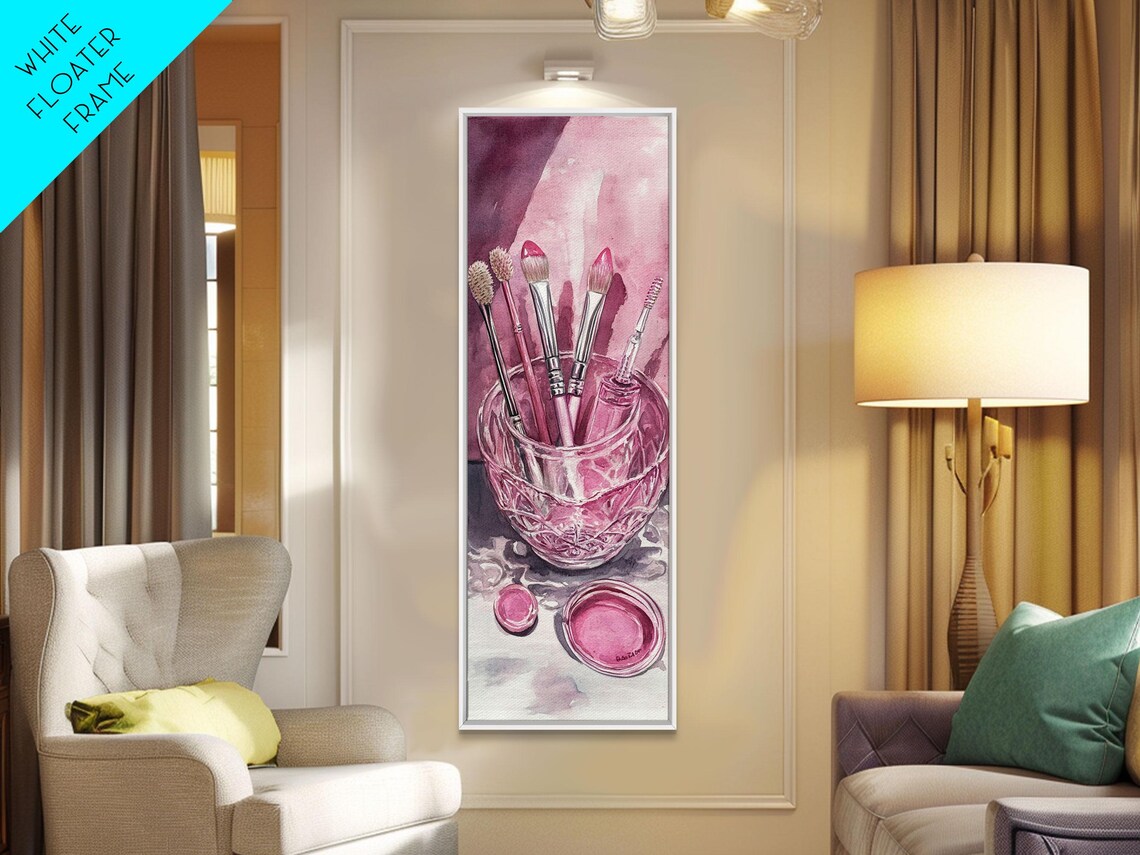 Pink Makeup Brushes Crystal Glass Jar Watercolor Beauty Wall Art - Image 3
