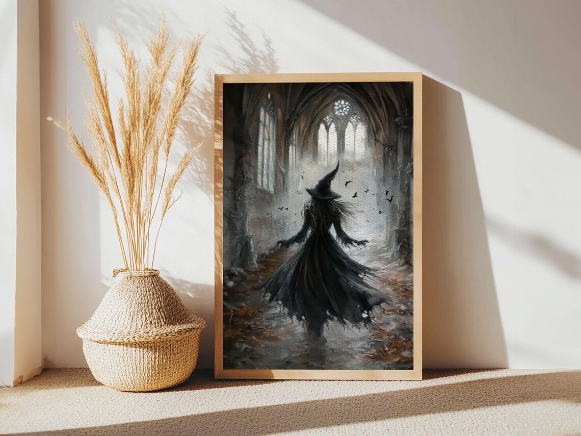 Witch In Gothic Cathedral Ruins Dark Moody Bats Spooky Halloween Art Poster - Image 5