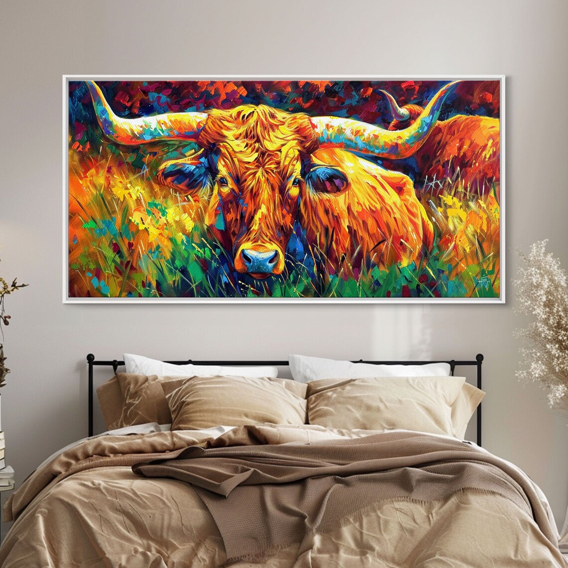 Colorful Longhorn Cow Face Close Up Vibrant Impasto Animal Art Poster - Image 4