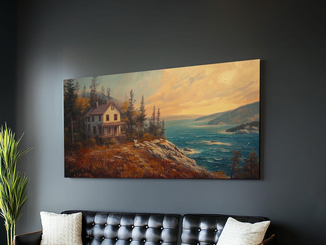 Coastal Cottage Cliff House Sunset Ocean View Landscape Travel Poster - Image 2