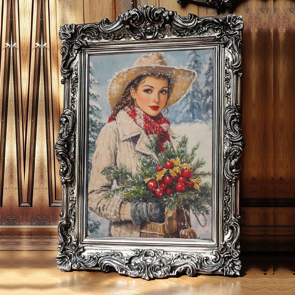 Cozy Christmas Woman Cowboy Hat Holiday Greenery Snow Vintage Wall Art - Image 2