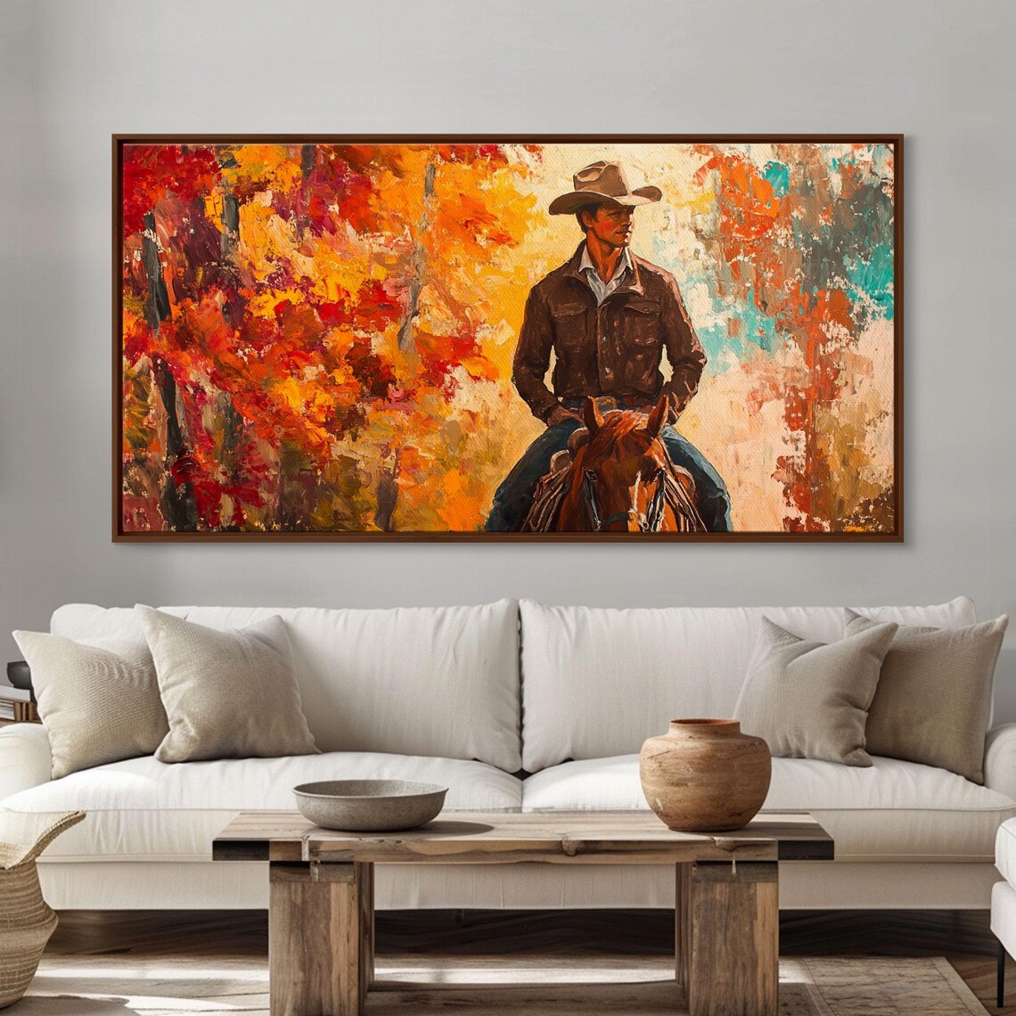 Cowboy On Horseback Against A Fiery Abstract Autumn Sky Art Print