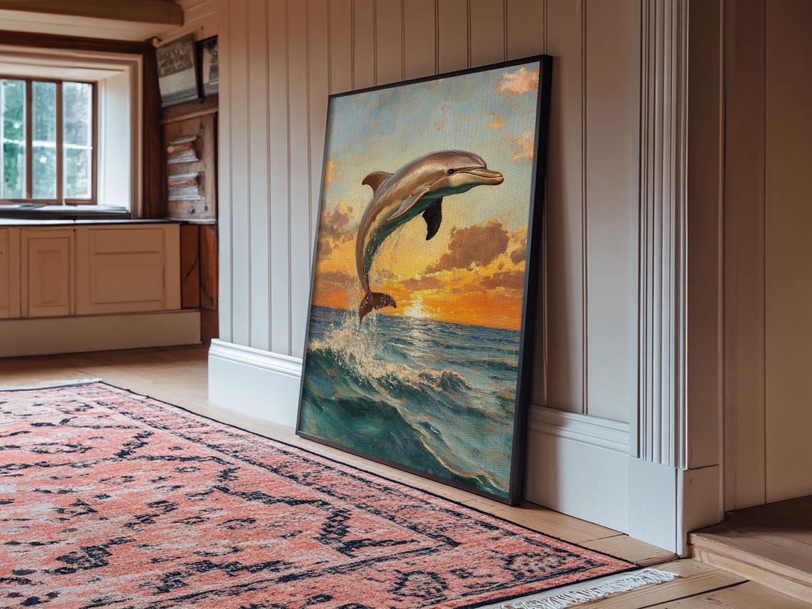 Dolphin Jumping Ocean Sunset Wave Vintage Nautical Painting Poster - Image 4