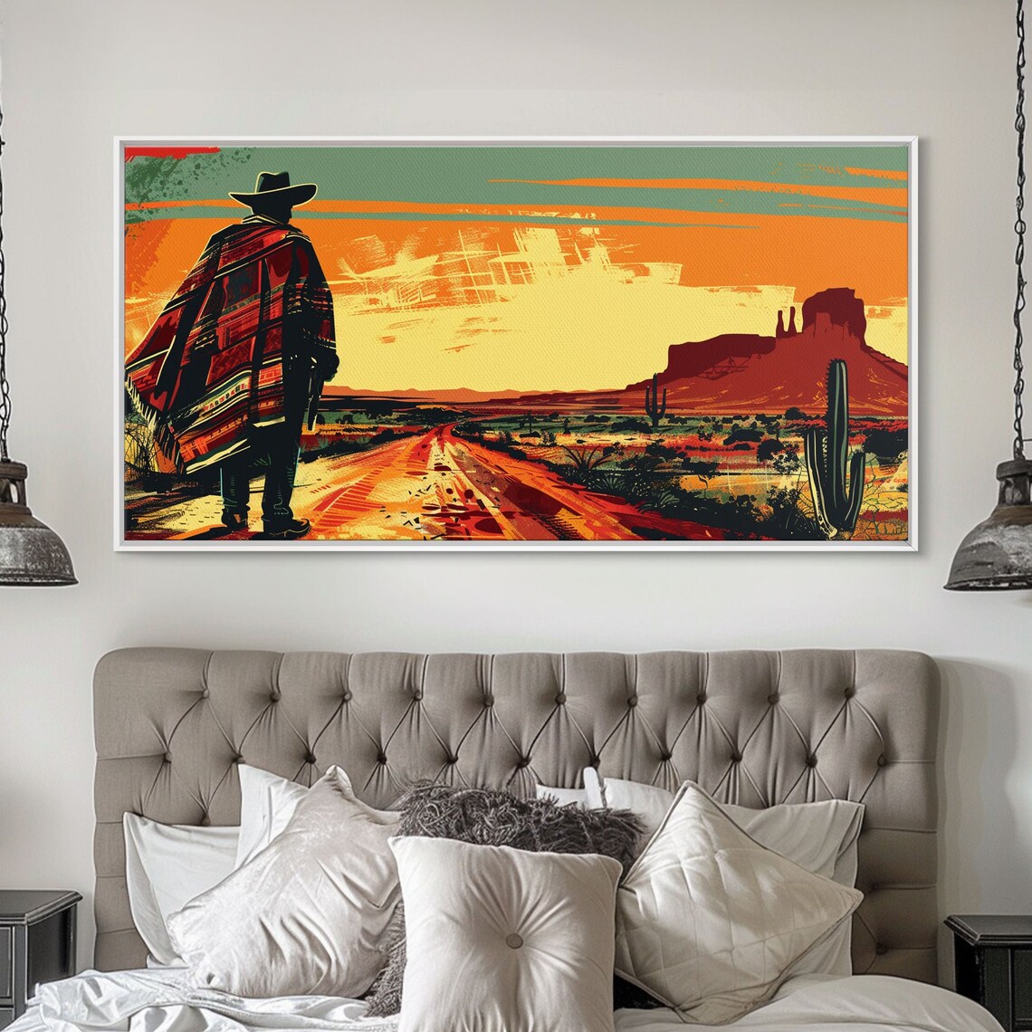 Abstract Cowboy In Desert Sunset Scene Boho Bedroom Art Framed Print Modern Living Room Decoration Rustic Wall Art - Image 2