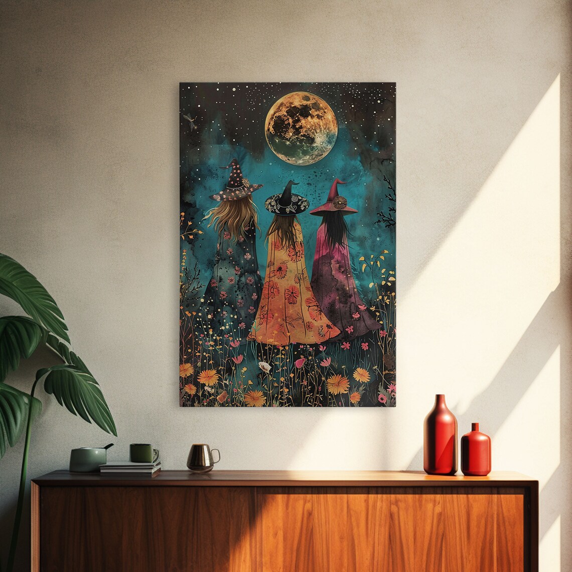 Three Witches Full Moon Night Painting Cottagecore Wildflowers Witchy Wall Art Poster - Image 4