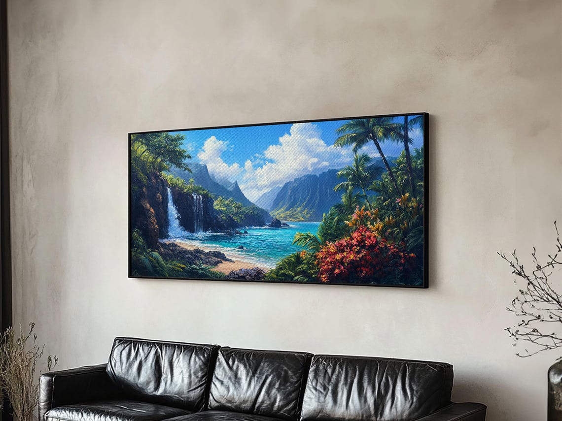 Waterfall Paradise Print Hawaii Art Coastal Wall Art Above Sofa Decor Rustic Landscape Painting Living Room Art Gift Idea - Image 2