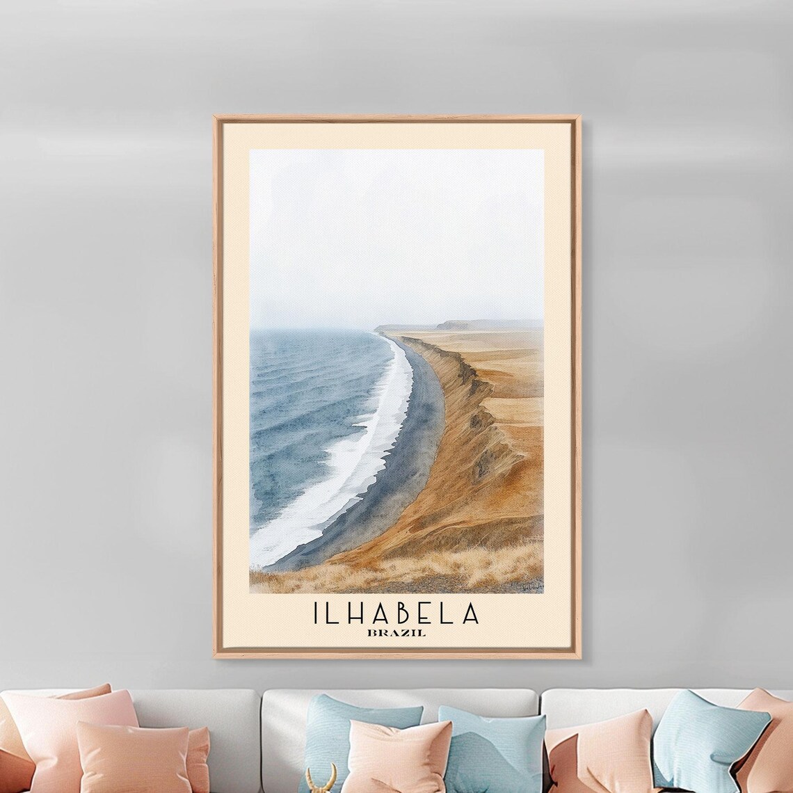 Ilhabela Brazil Long Curving Beach Misty Ochre Cliffs Watercolor Art Poster - Image 3