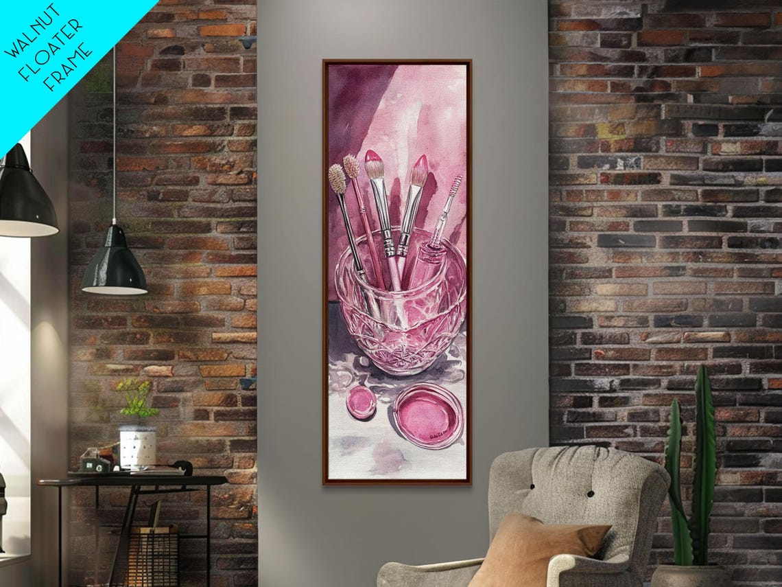 Pink Makeup Brushes Crystal Glass Jar Watercolor Beauty Wall Art - Image 4