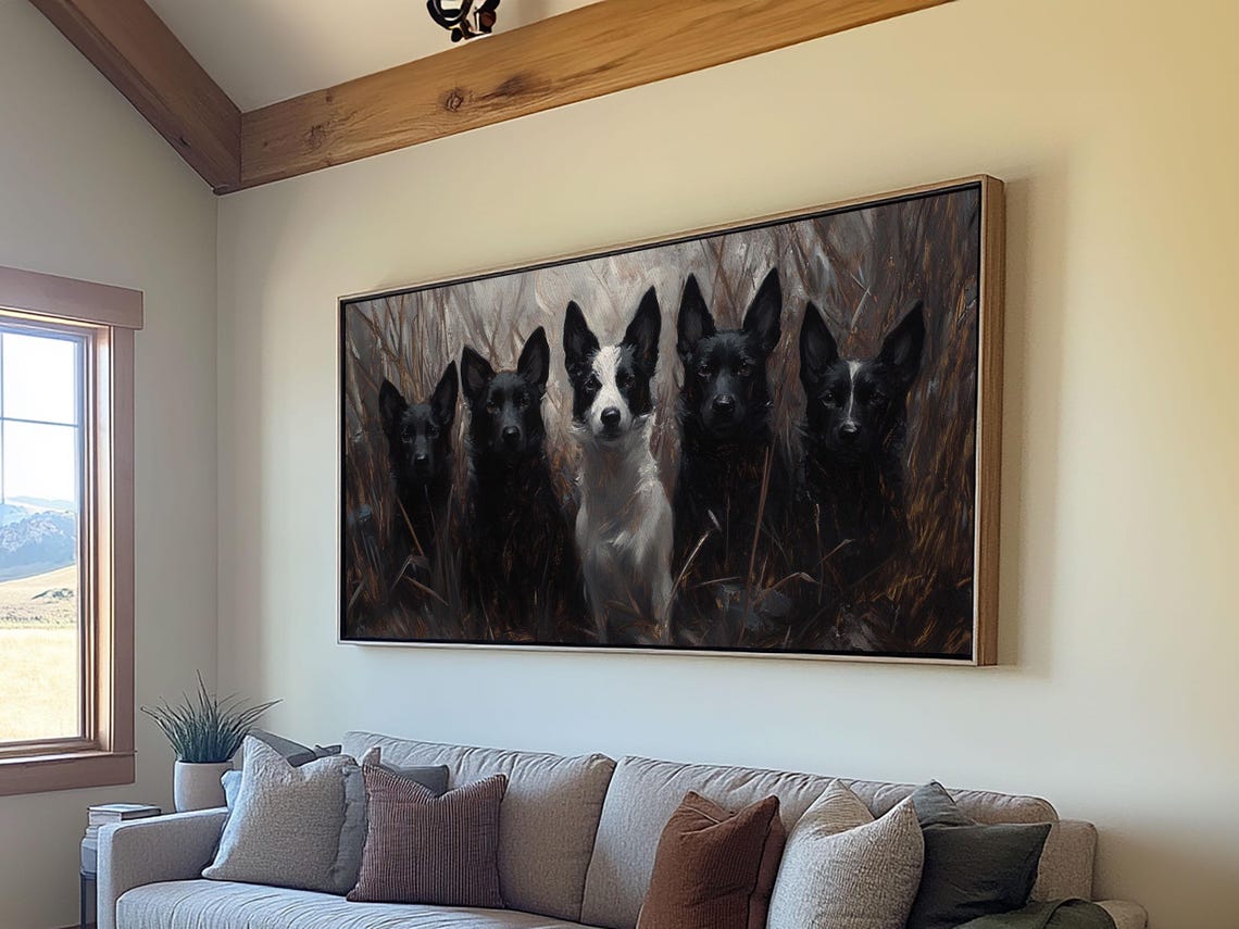 Five Black Hunting Dogs Pack Tall Grass Oil Painting Wall Art - Image 2