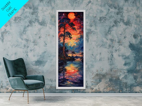 Sunset At The Lake Framed Print Colorful Gift Idea Housewarming Tall Skinny Panoramic Painting Print Living Room Wall Art